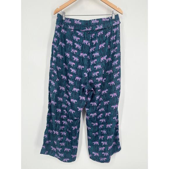 J. Crew 100% Silk Wide Leg Pant Jungle Tiger Print Belted Satin Ankle Trousers - Picture 8 of 12